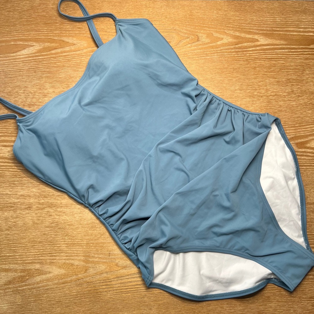 Eomenie Blue Ruched One Piece Adjustable Straps Tummy Control Padded L NWOT